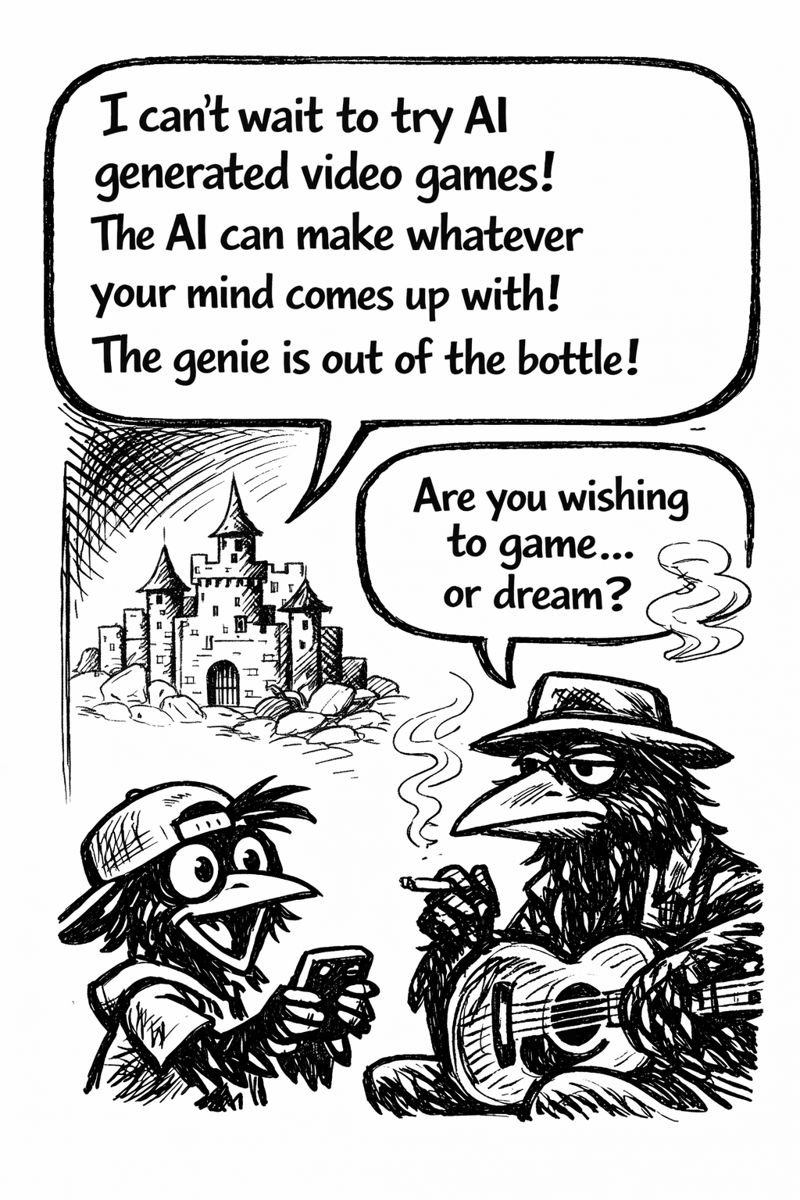 crow joe in the age of ai comic - kid crow, young crow with backwards hat and smartphone in hand, excitedly tells crow joe the blues playing crow 'i cant wait to try ai generated video games! the ai can make whatever your mind come up with! the genie is out of the bottle!' crow joe responds 'are you wishing to game or dream?' genie is a reference to google genie the game creating gen ai revealed in 2026.  genies grant wishes. will playing a game world created entirely for you in real time feel like walking through a dream?